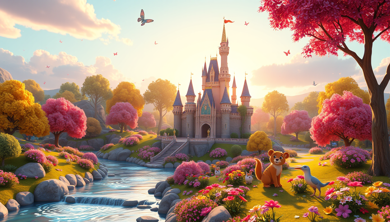 3D Render idea: 3D render, octane render, photorealistic, subsurface scattering, A magical fantasy kingdom called Reino Musical at sunrise. A beautiful colorful castl