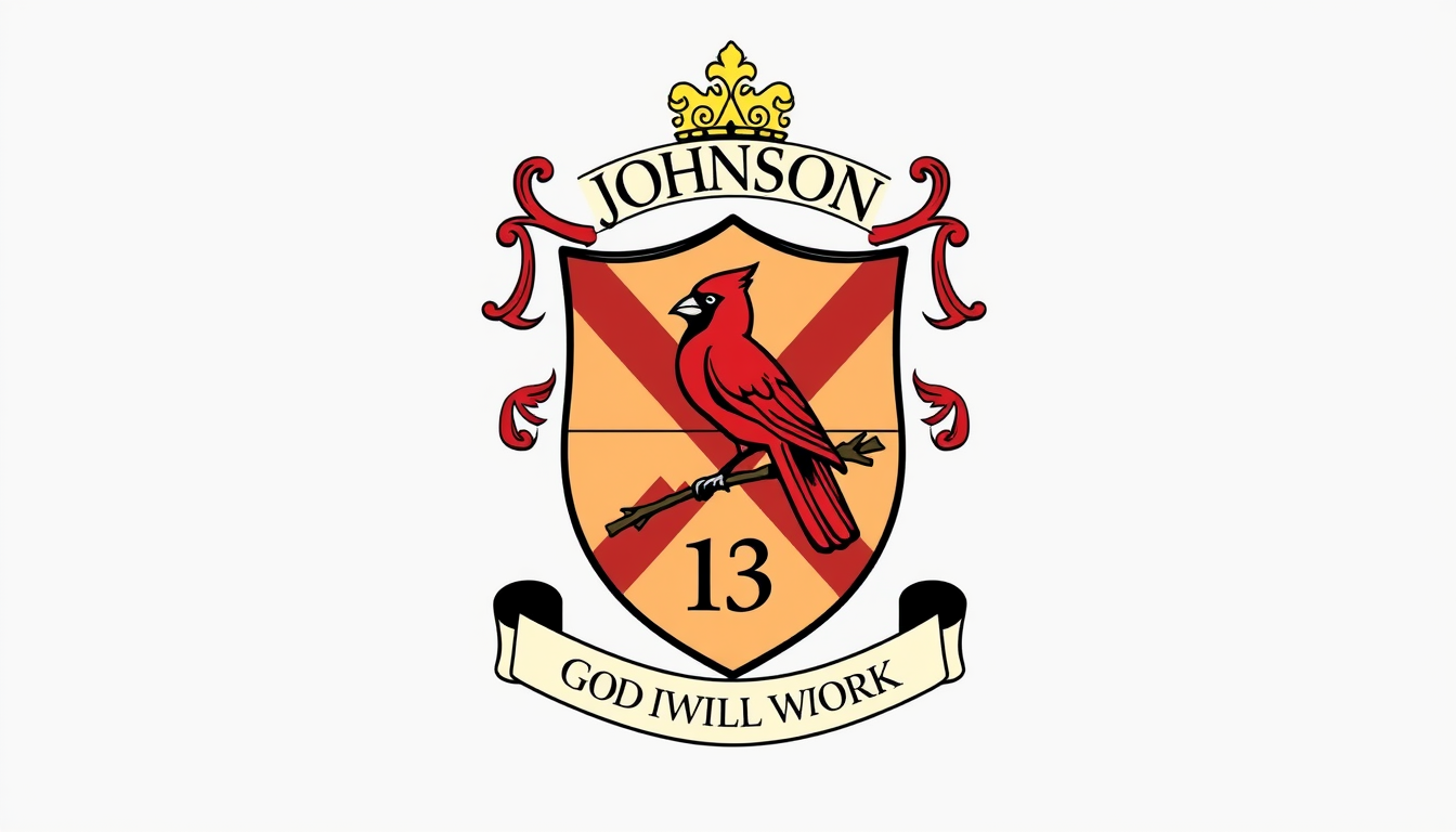 Main art studio: Design a Johnson family shield crest with a Scottish flair, family of 13, A Cardinal as the family animal, motto With God It Will All Work Out