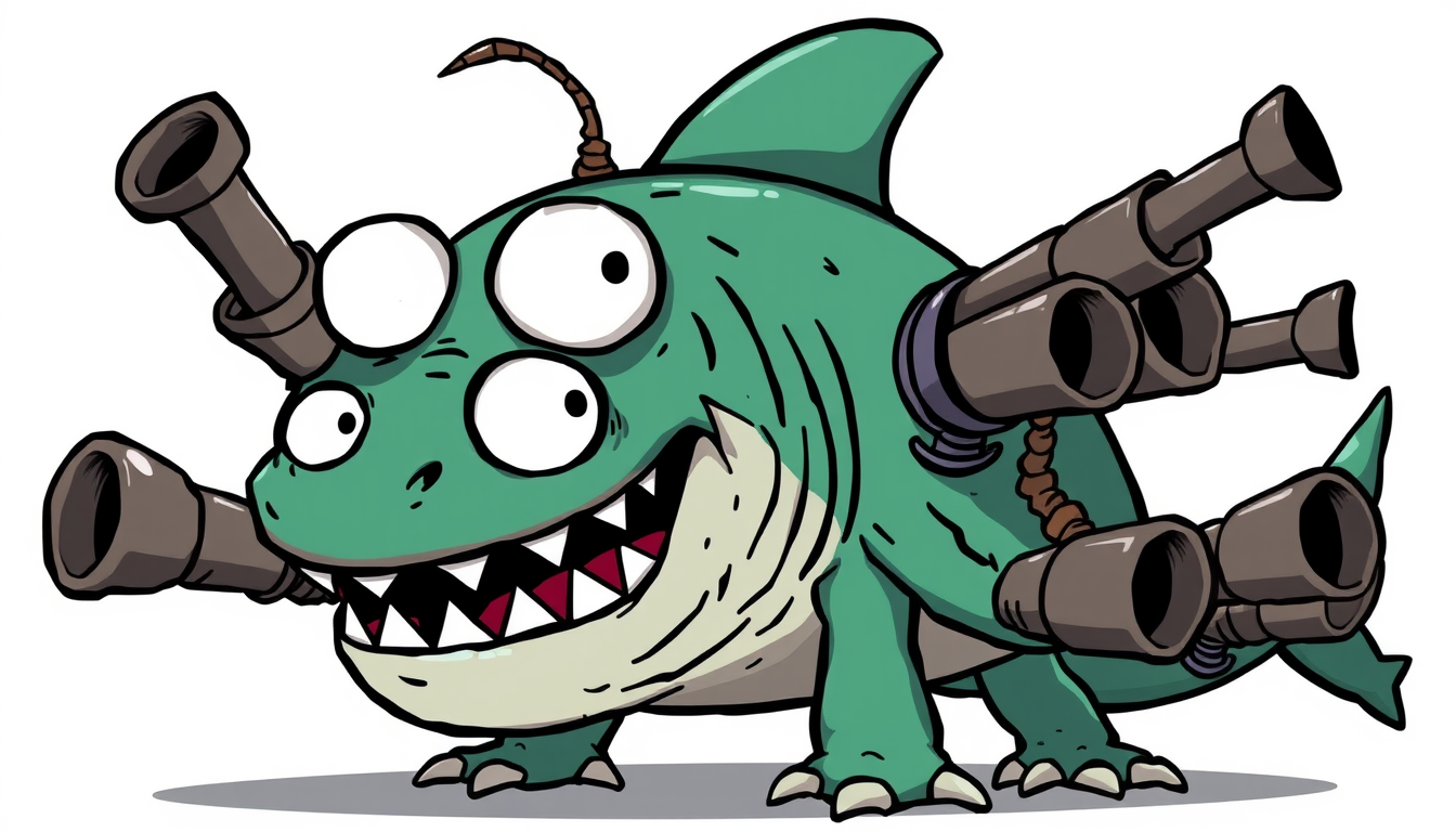 Main art studio: 2D cartoon brainrot shark, extremely weird and ridiculous, giant green shark with a tiny body, huge mouth, huge white glowing eyes, cannons growing di