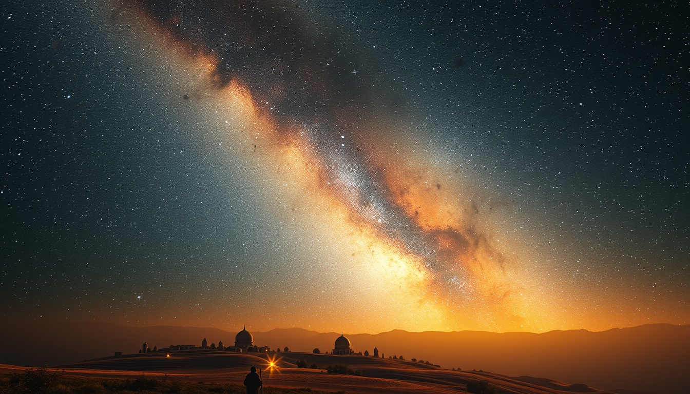 Main art studio: Cinematic scene showing a small human village beneath an enormous star-filled universe. Countless stars, galaxies and celestial formations stretch acr