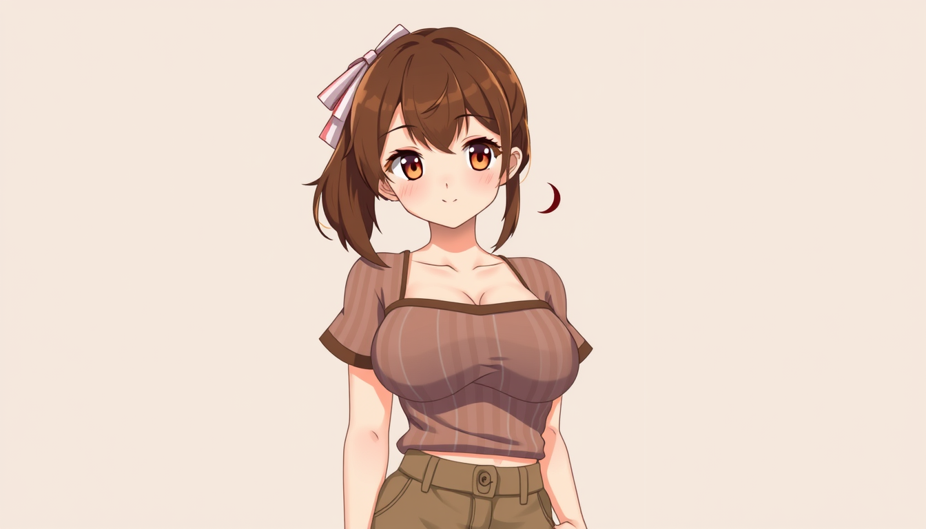 VTuber Avatars idea: vtuber avatar, anime style bust, expressive eyes, streaming overlay ready, Brown hair vtuber, brown and white stripws shirt, pusheen pants, cute nails