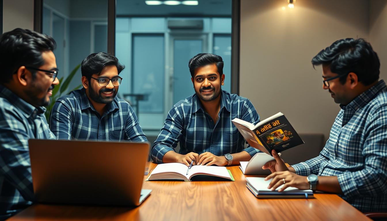 Main art studio: Mega speaks confidently while explaining an idea to his friends. Mohan smiles while using AI on his laptop. Pradeep reads a programming book and write