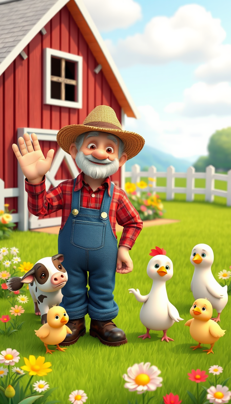 Main art studio: Cute friendly elderly farmer named Old MacDonald wearing blue overalls, a red plaid shirt, brown boots and a straw hat, standing outside a charming re