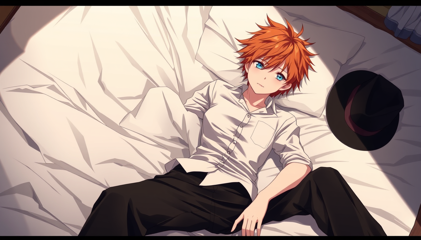 Main art studio: Anime illustration of Chuuya Nakahara from Bungou Stray Dogs, lying on rumpled white bedsheets, slim narrow frame, petite shoulders, slender torso, no