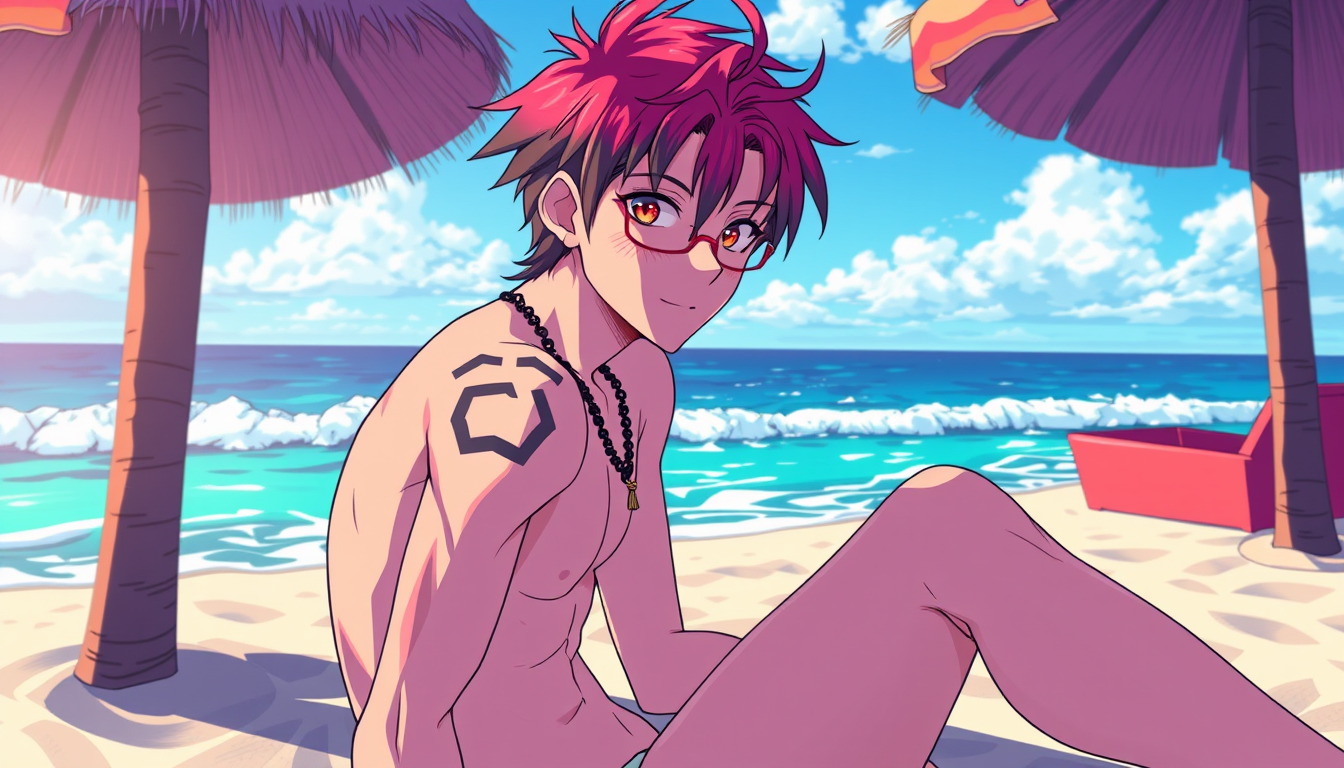 Anime idea: anime style, vibrant colors, expressive eyes, make felix from re zero at the beach alone doin poses sexy showing everything , detailed anime illustrat