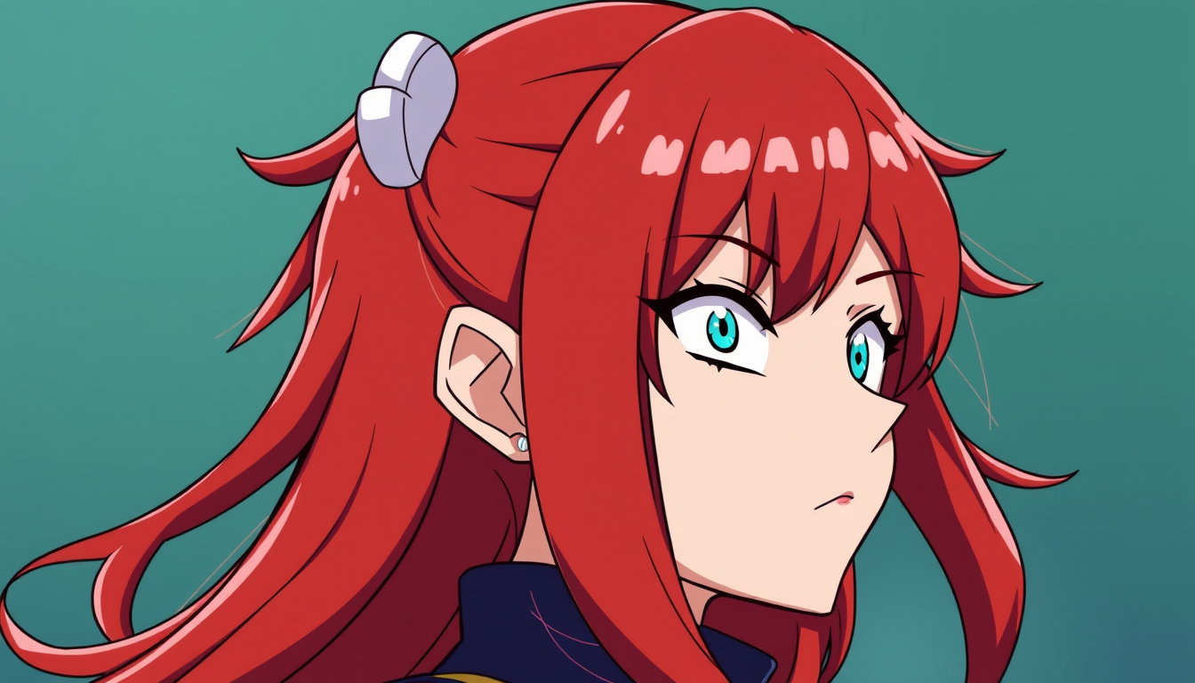 AI Art prompt example created from the prompt: OC im My Hero Academia Style lange rote Haare geflochten mit vorderen langen Strähnen wie Kushina und helle eisblaue Augen