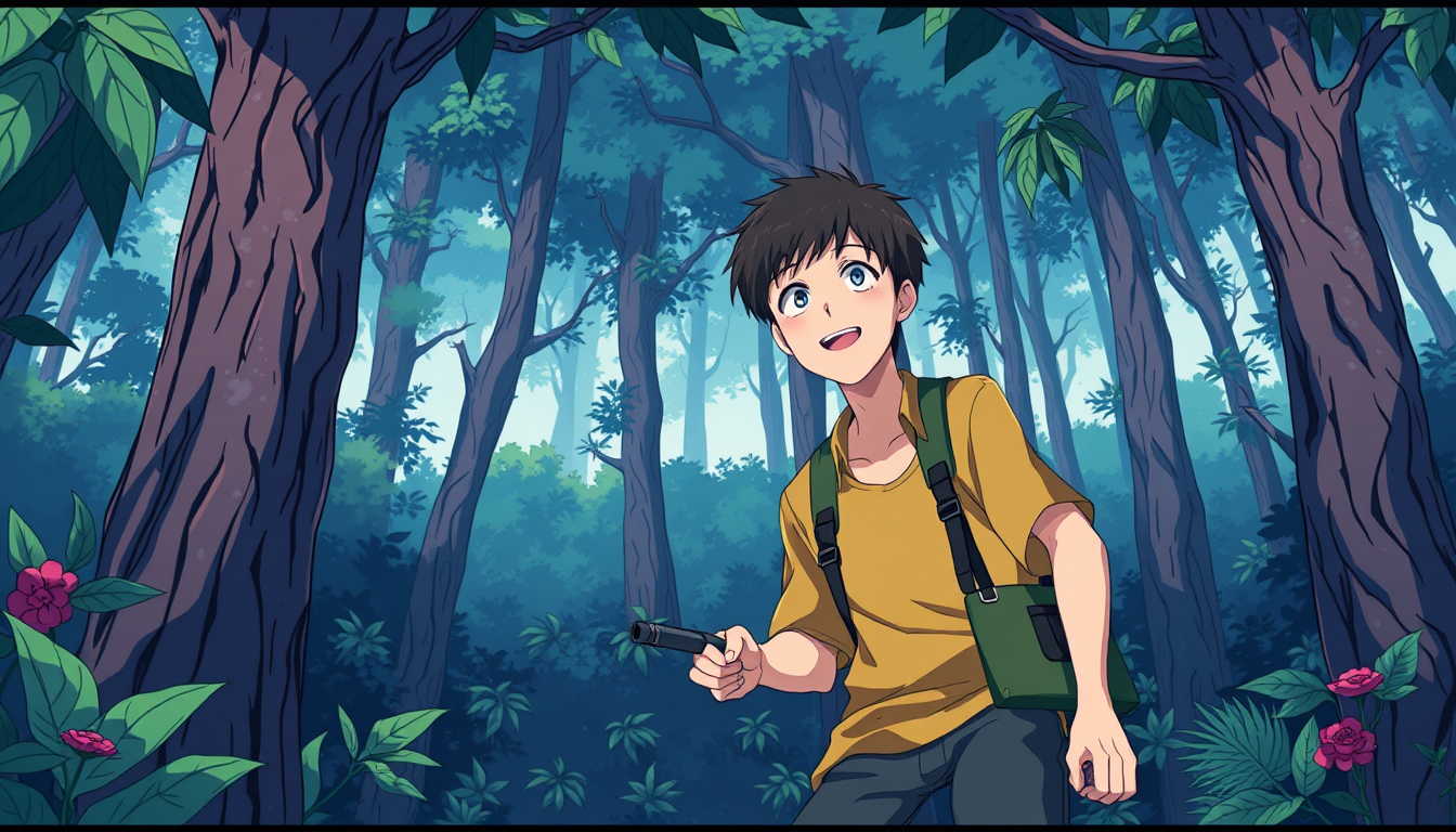 Anime idea created from the prompt: anime style, vibrant colors, expressive eyes, SCENE 2 — FOREST [3:00–6:00] Kai Tokyo ke outskirts ke dense forest mein enter karta hai. Hawa