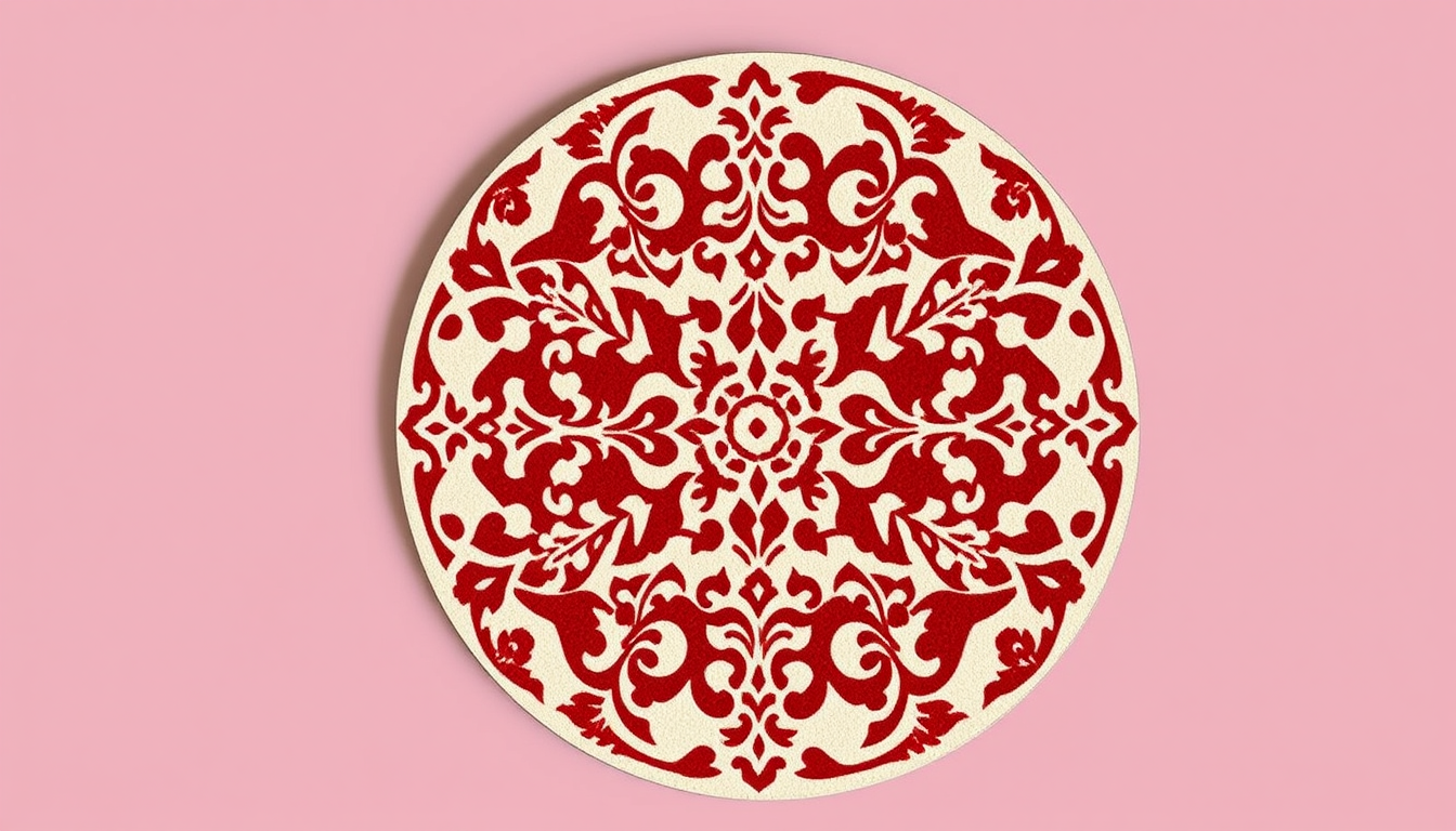 Main art studio: ### Image Prompt A round MDF circle decorated with Persian carpet stencil art. Raised texture paste creates a clear embossed traditional Iranian carpe