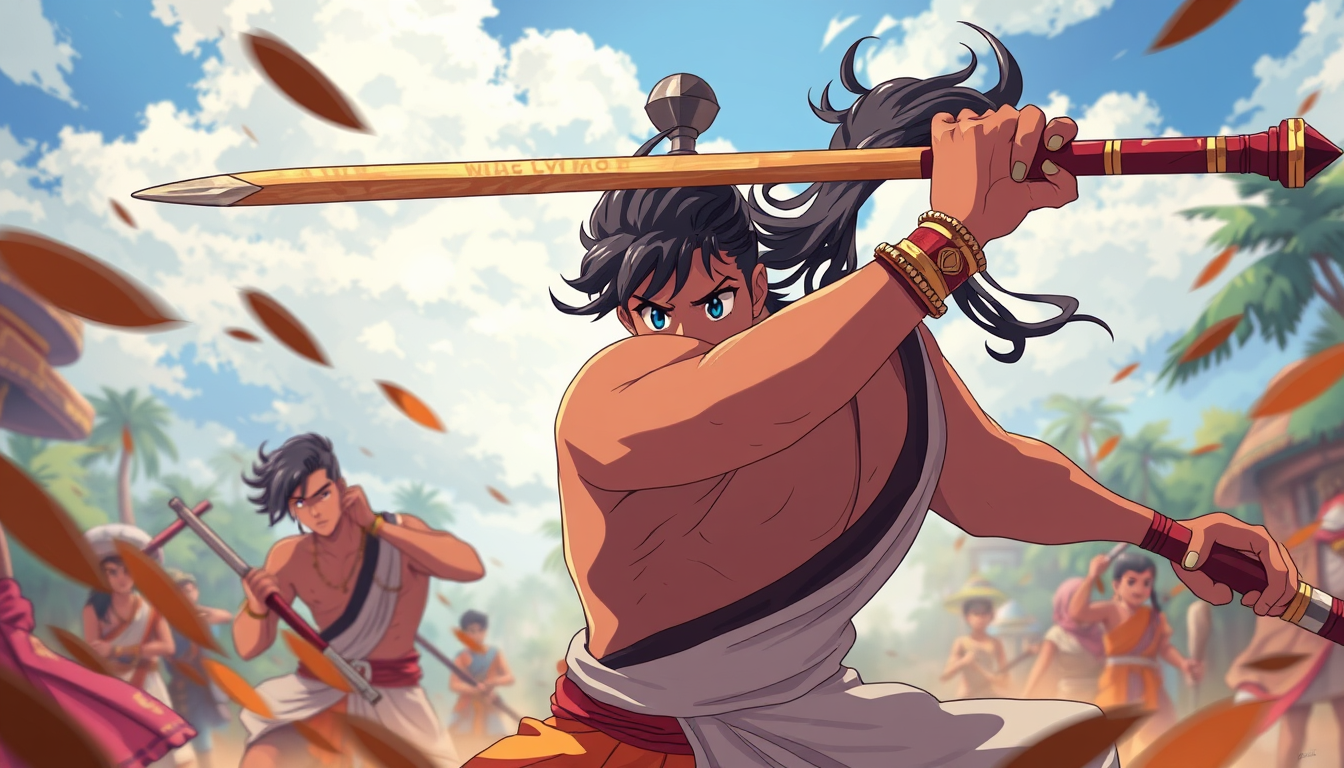 Anime idea: anime style, vibrant colors, expressive eyes, kalari weapon hd real image war fight scene in kerala , detailed anime illustration