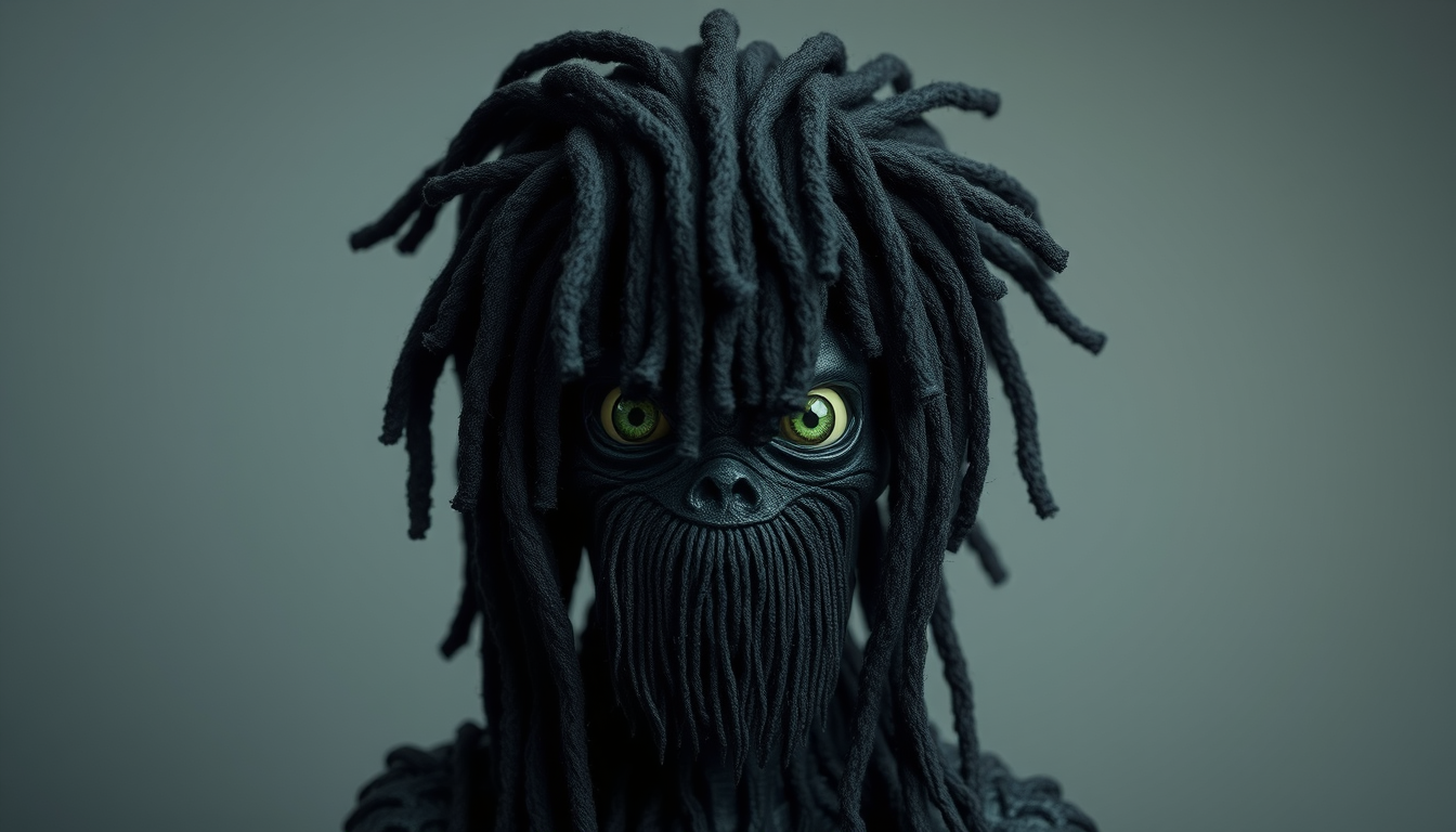 Main art studio: a monster head made of only short black dreads, looks more or less like a mop but thicker dreads, and small light-green eyes (dots only, no pupil). th