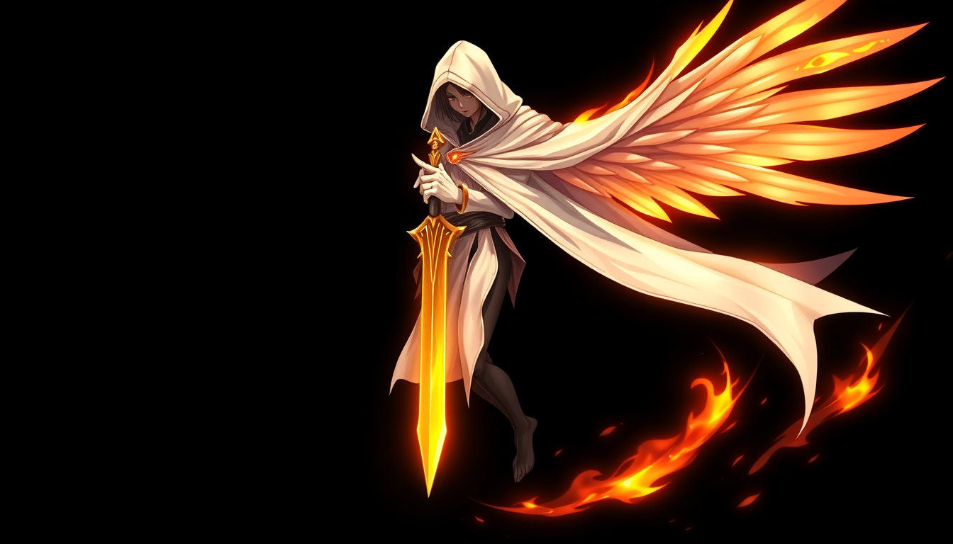 AI Art prompt example created from the prompt: Mythological angelic creature persona like from the games - anime style - mysterious hooded with white cape and gold blade - hovering - pitc