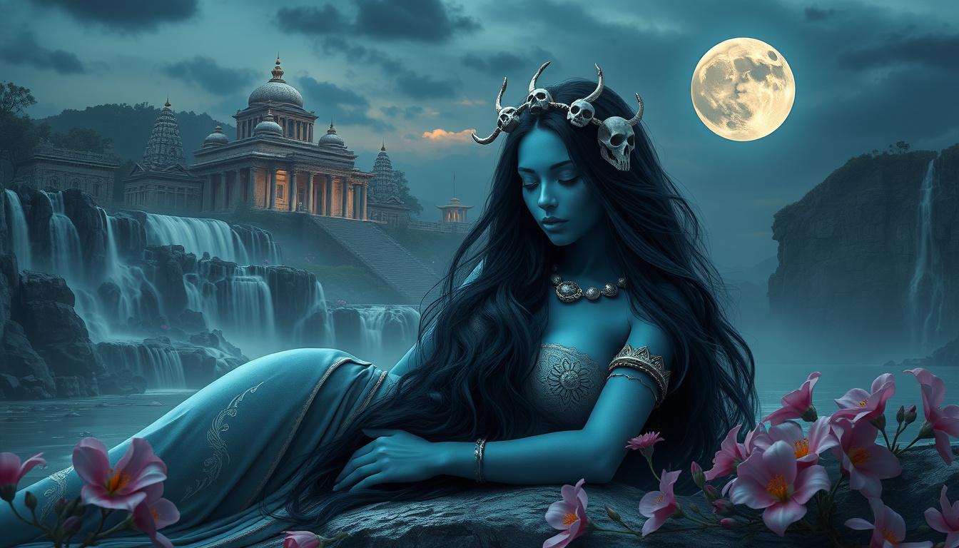 Main art studio: A divine blue-skinned goddess resting peacefully beside a moonlit river, long flowing black hair, skull garland, ancient temple on waterfalls, full mo