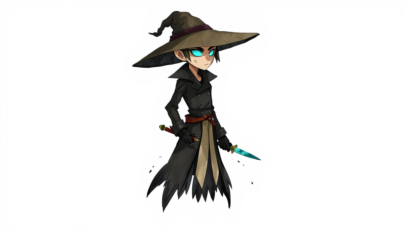 Main art studio: 2D game asset, single character sprite, full body, centered, isolated on plain white background. The Corrector: slim androgynous figure, wide-brimmed