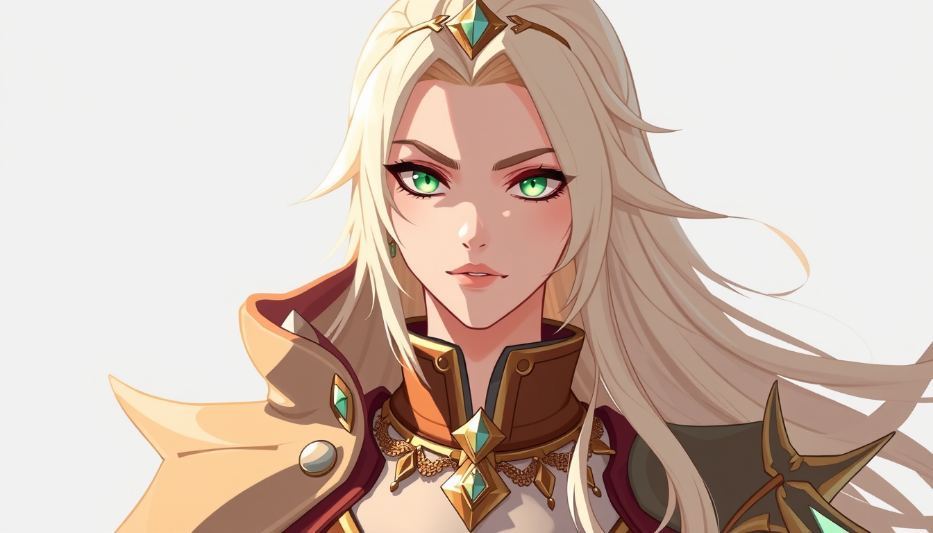 Characters idea: an original character defined by silhouette, role, outfit, palette, and expression, deliberate composition, jag har lång blont hår gröna ögon och glit