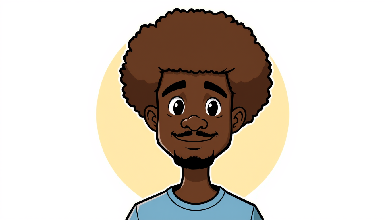 Cartoon Avatar idea created from the prompt: cartoon avatar, head-and-shoulders, bold outlines, flat shading, une personne noir avec un afro en mode cartoon avec plusieur emotion sans b