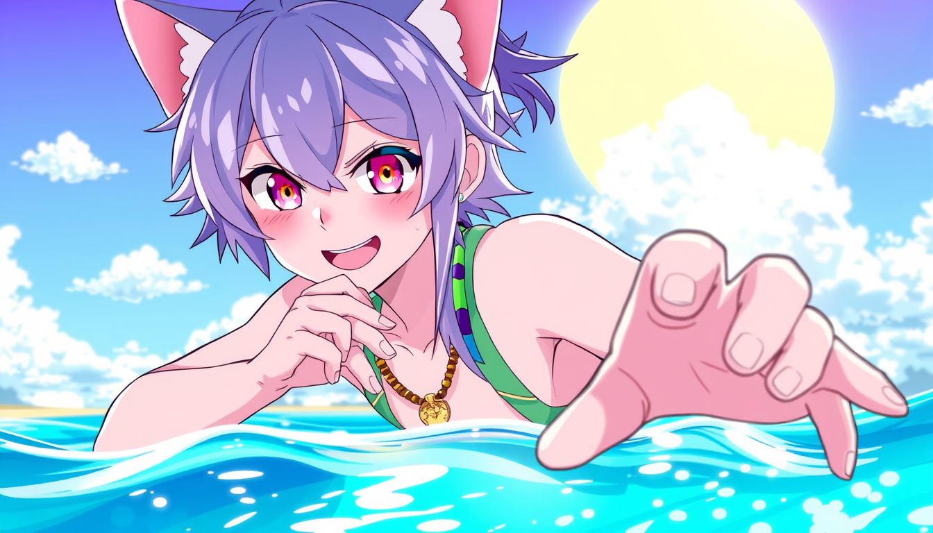 Anime idea: anime style, vibrant colors, expressive eyes, make felix from re zero qt the beach alone doin poses spicey , detailed anime illustration