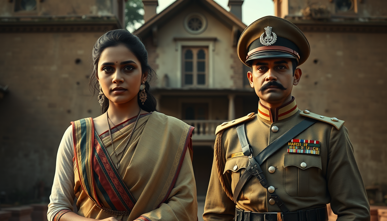 Main art studio: Ultra photorealistic cinematic 4K historical composition, Neera Arya standing determinedly on one side in traditional Indian clothing, Shrikant Jung B