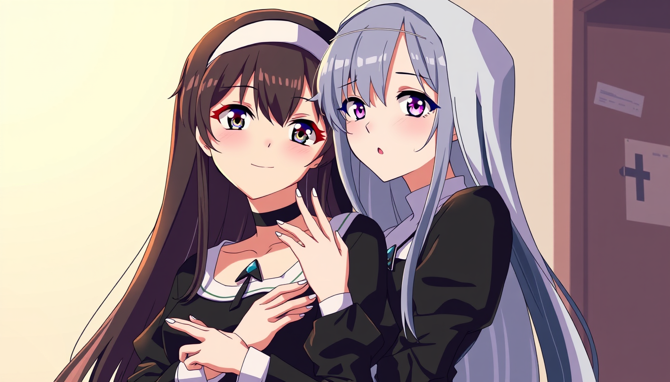 Anime idea created from the prompt: anime style, vibrant colors, expressive eyes, Can you make me a picture of Albedo and shelltear in a sexy nun pose in 2.5 X3.5 , detailed an