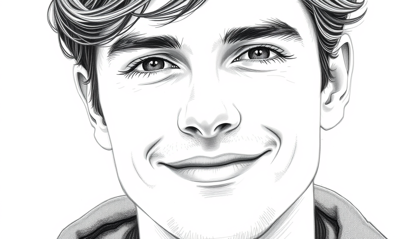 Main art studio: Create a realistic black-and-white pencil sketch of my future soulmate. He should be a handsome young man with natural features, deep expressive eyes,