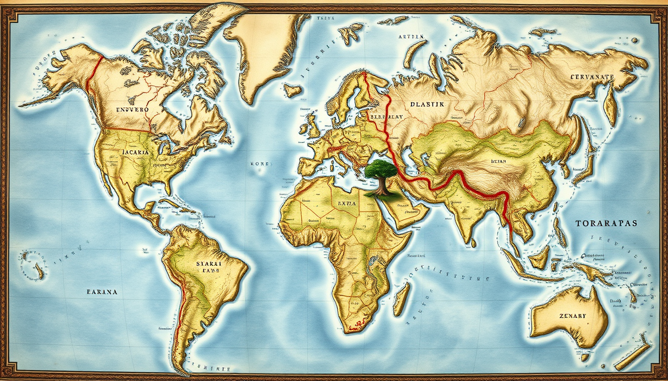 Fantasy Maps idea: a readable fictional world map with coherent coastlines, terrain regions, routes, and landmarks, deliberate composition, Mapa de fantasía épica en atl