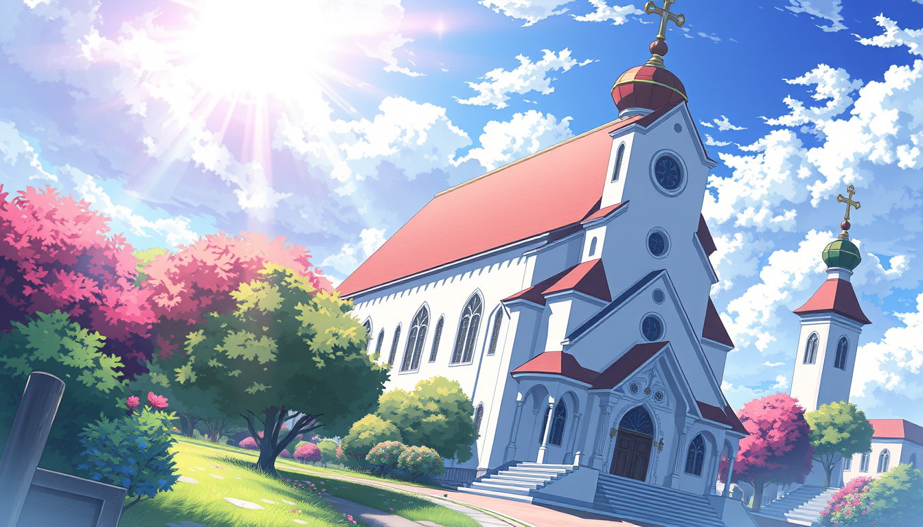 Anime idea: anime style, vibrant colors, expressive eyes, Holy Church , detailed anime illustration