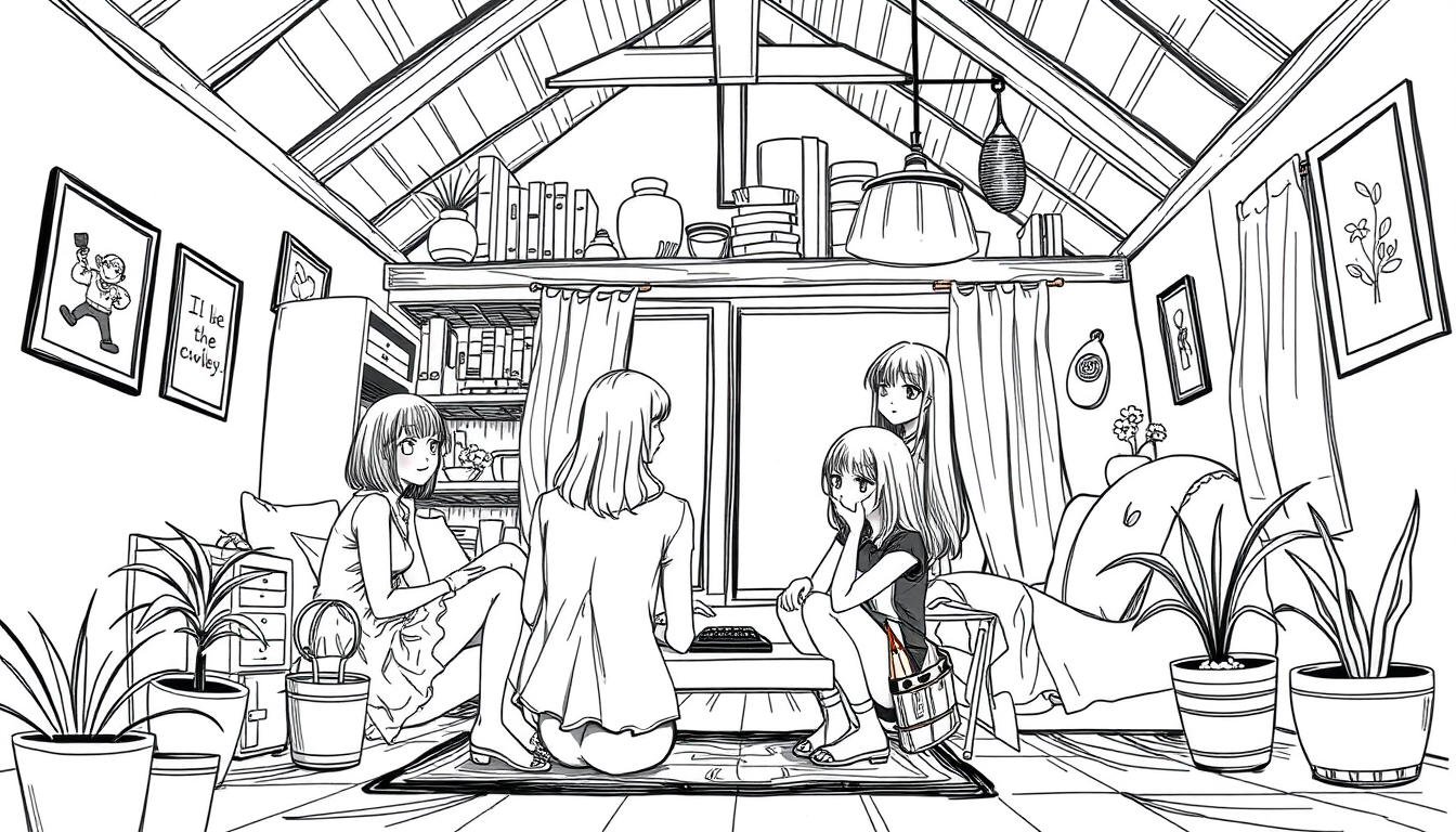 Main art studio: Draw a lot of girls in a house