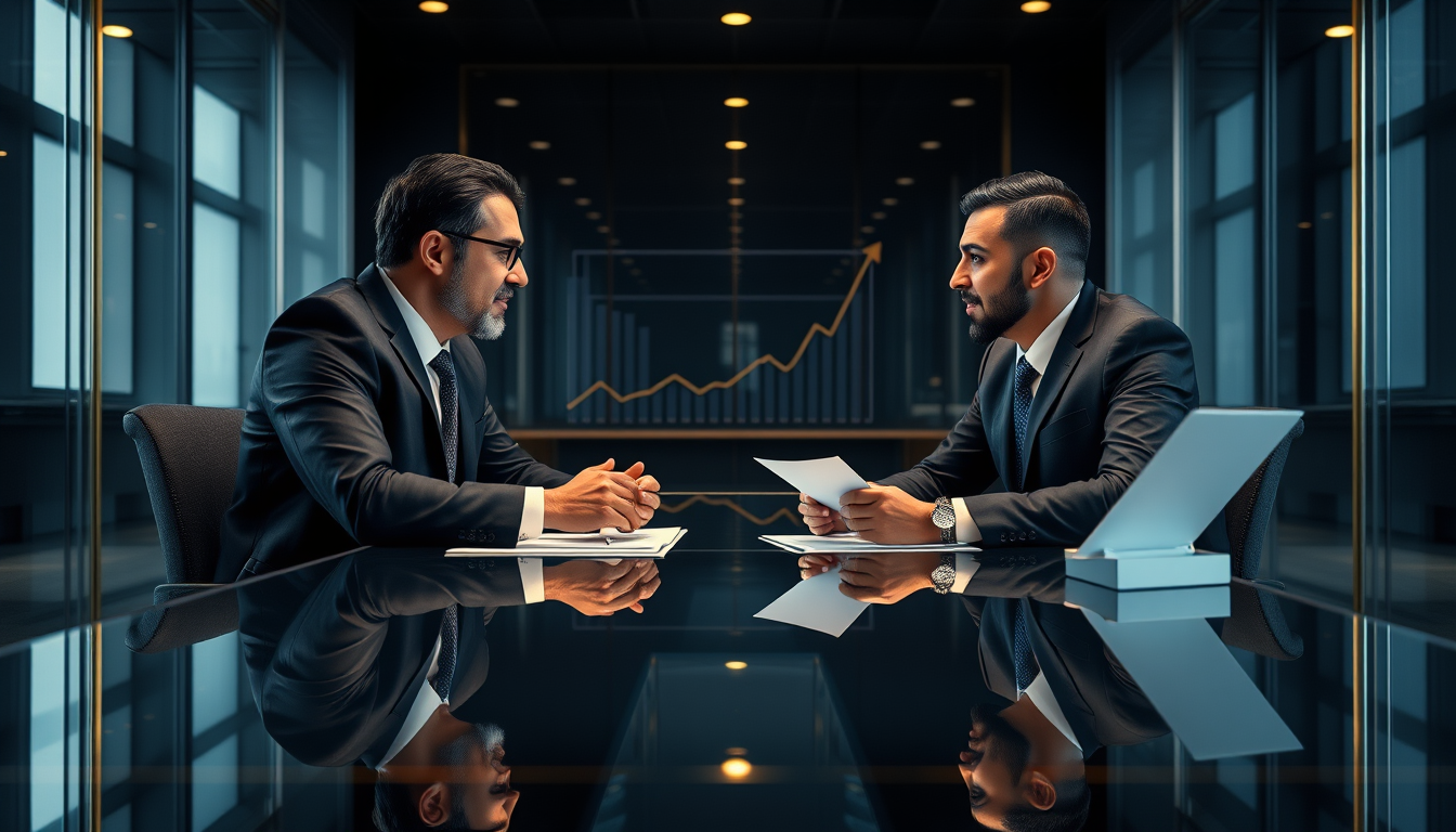 Main art studio: Create a premium cinematic business negotiation poster for a modern Persian sales academy. Show two confident professionals negotiating across a sleek