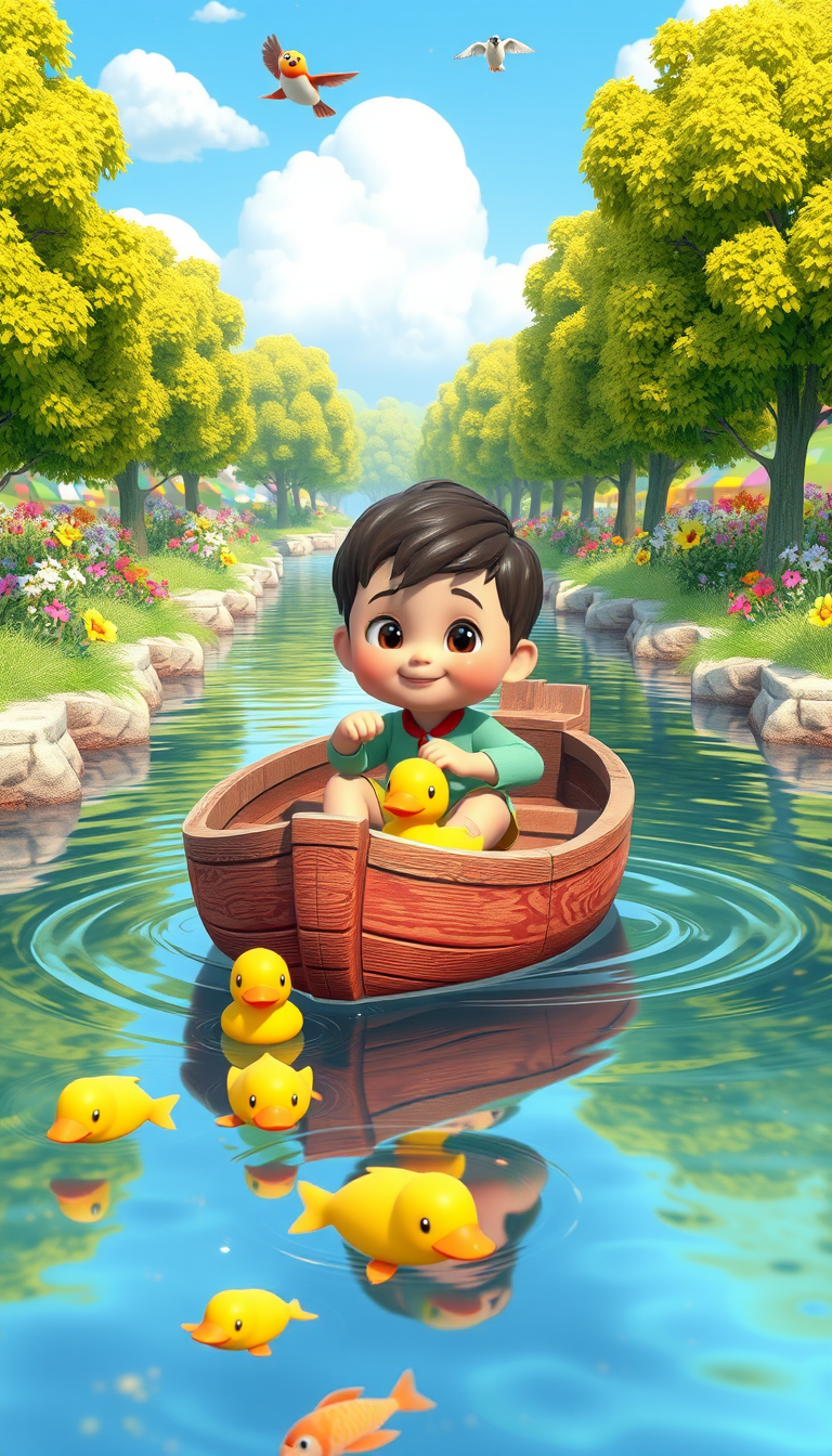 Main art studio: A cute, cheerful young child sitting safely inside a small colorful wooden boat, gently floating along a calm, sparkling river. A few cute ducks swim