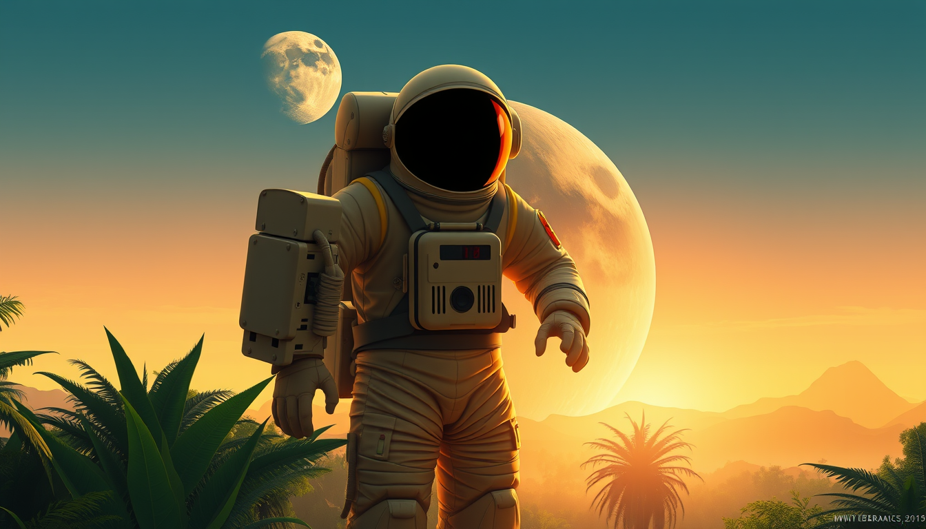 AI Art prompt example created from the prompt: Astronaut on a jungle planet with two moons in the sky.
