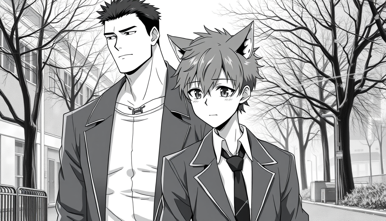 Main art studio: two high school boys, manga style, tall muscular boy with short black hair, school uniform, calm and protective expression, fashionable boy with brown
