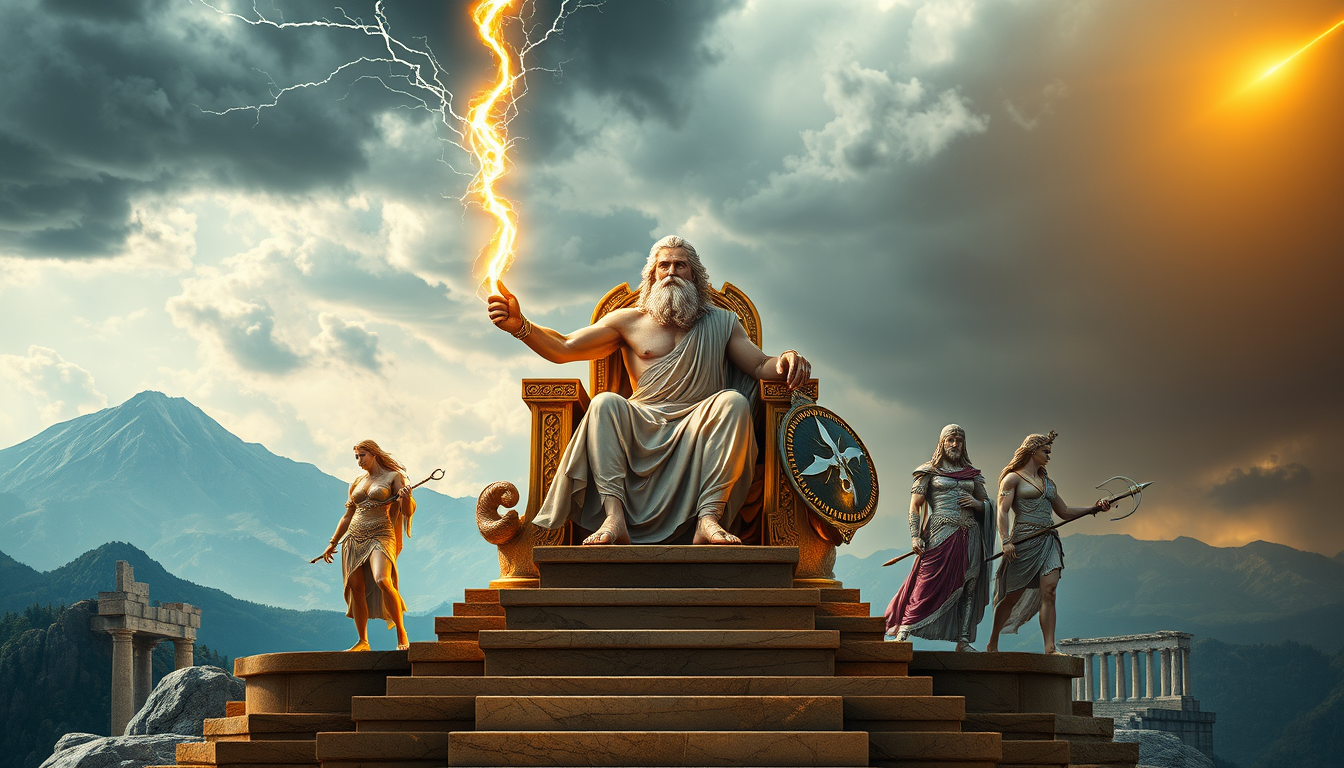 Main art studio: Photorealistic A5 vertical packaging cover about the Greek Gods of Olympus. Zeus sits on a magnificent golden marble throne, holding a glowing lightni