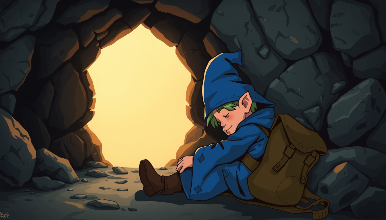 Main art studio: create a picture of a halfling wizard without pointy ears, dressed in blue robes and blue hat sleeping near the opening to a cave with backpack next t