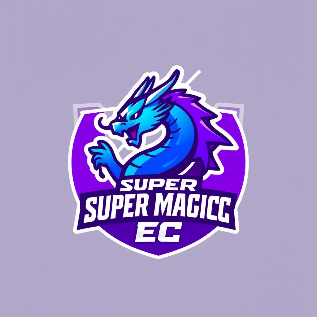 Main art studio: Logo Esport pour equipe du nom de Super Magic EC les couleurs sont le violet et bleu ajoute un Dragon et garde le fond en dégradé violet bleu