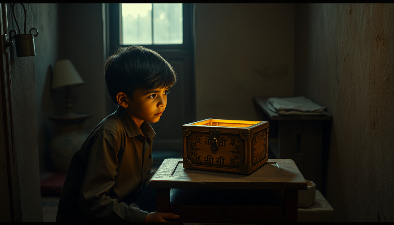 Main art studio: The same poor young Pakistani village boy has brought the mysterious old golden box into his simple village home. The golden box is placed on a small 