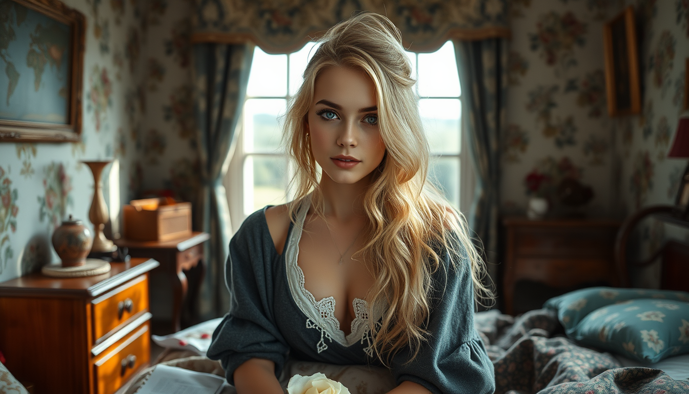 Main art studio: Une femme de l'époque blonde très claire et sa peau de la mm couleur que ses cheveux yeux bleus un duvet rose . une femme rêveuse , naïve et spontané
