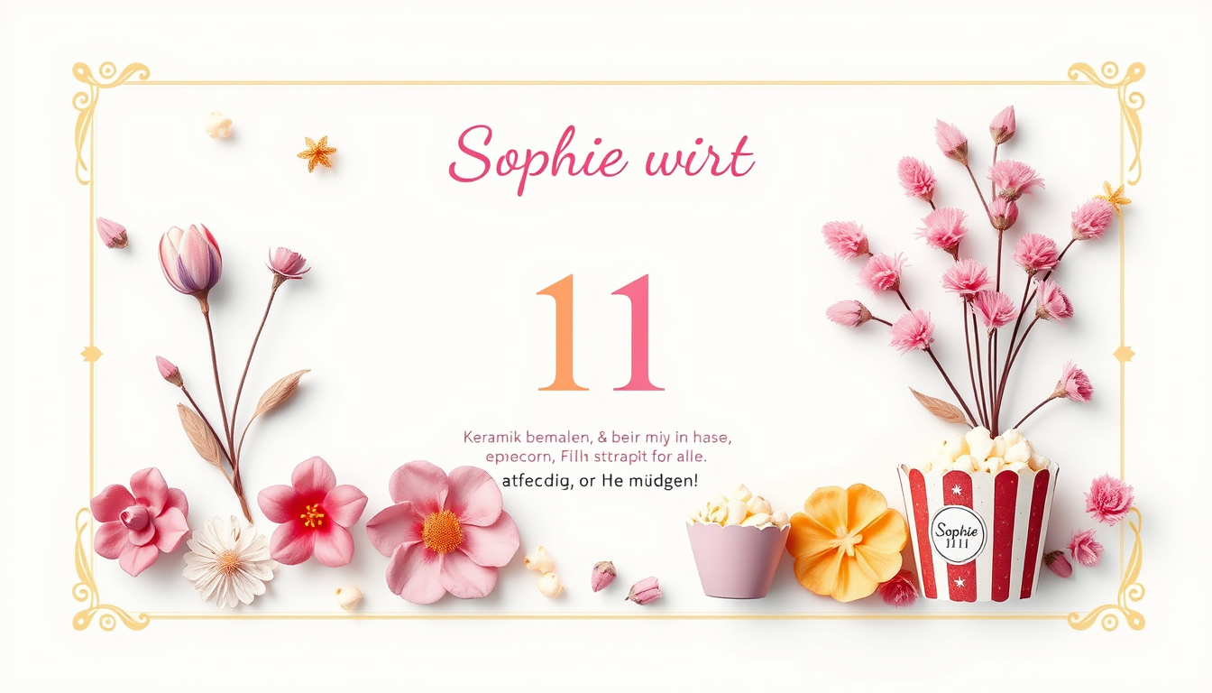 Cards idea: greeting card design, folded card artwork, clean composition, decorative frame, open message space, Geburtstagseinladung für Sophie (11). Rosa, Lila, 