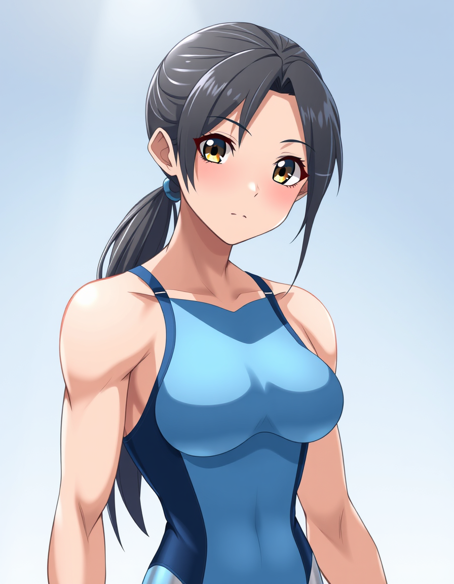 AI Art prompt example created from the prompt: Anime-style image. Misaki Endo: 20 years old, 175 cm tall, with a lean, muscular build. She is wearing a professional-grade, light-blue, hig