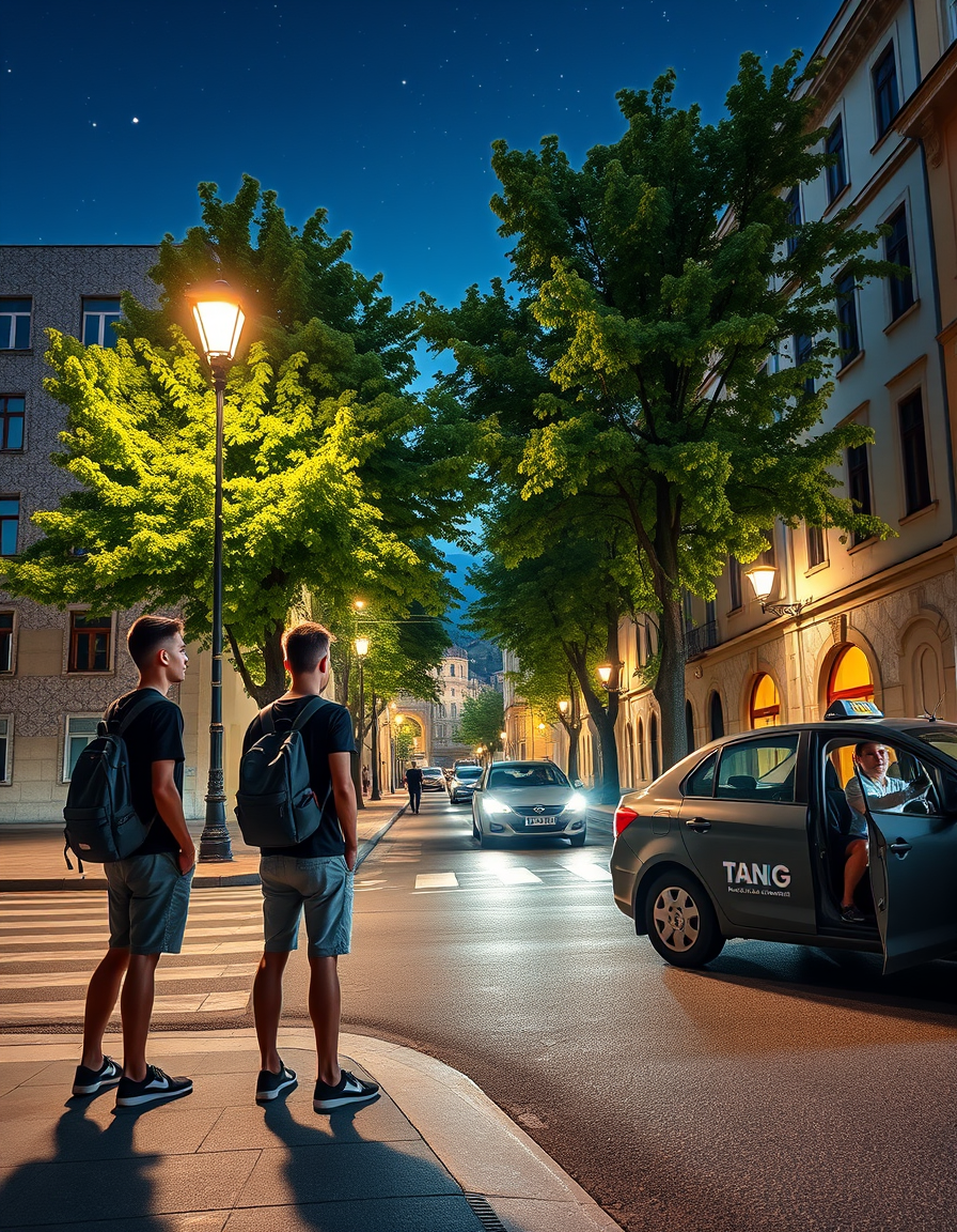 Main art studio: The city of Braga, Portugal. The buildings are covered with patterned ceramic tiles. Two young men are standing on the sidewalk, wearing shorts and T-