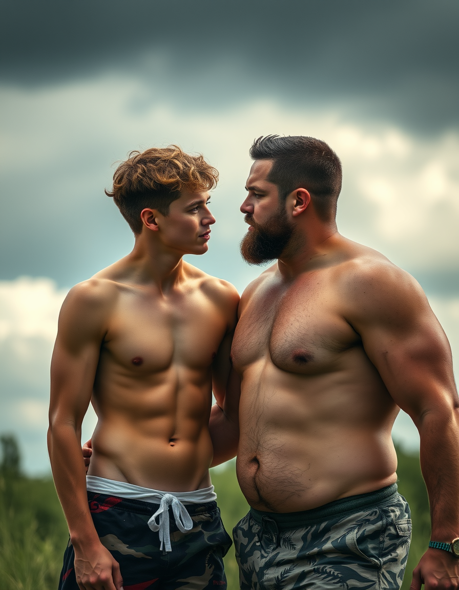 Main art studio: In Summer camp, 18 years old male with slim muscled body and short blond curley hair meets 18 years old serious masculin big tall hunk with dark short