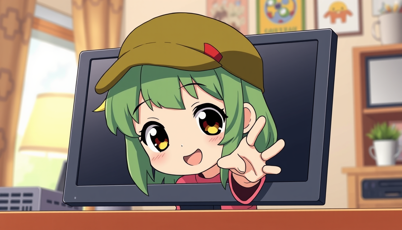 Anime idea: anime style, vibrant colors, expressive eyes, Anime illustration, a cute 10-year-old anime girl named Layan popping out of a desktop computer screen.