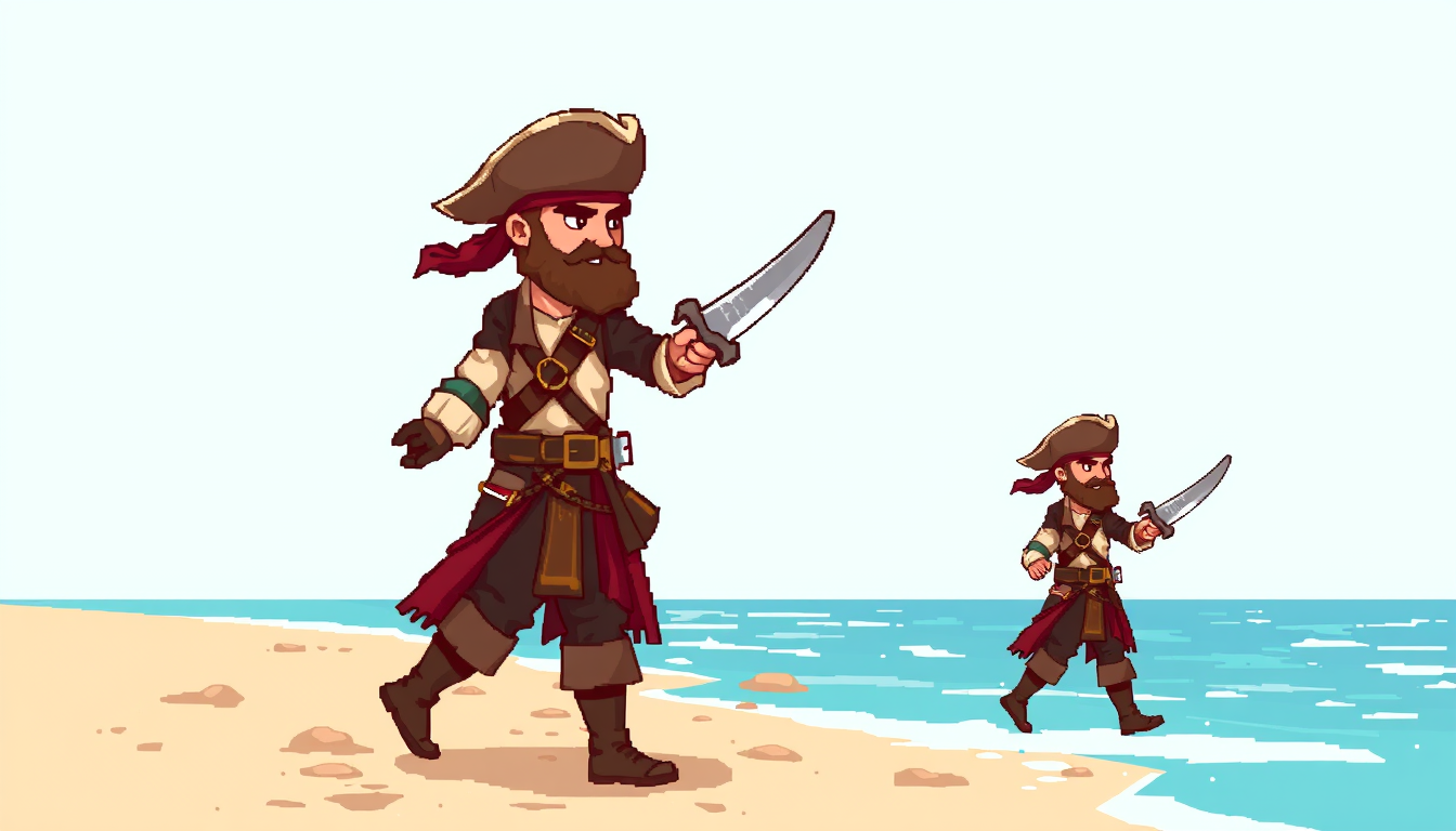 Main art studio: make me a 16 bit pirate with a sword in hand.I want to have a side view i want him to be facing to the right soi can see his elbow of him and make 4-6