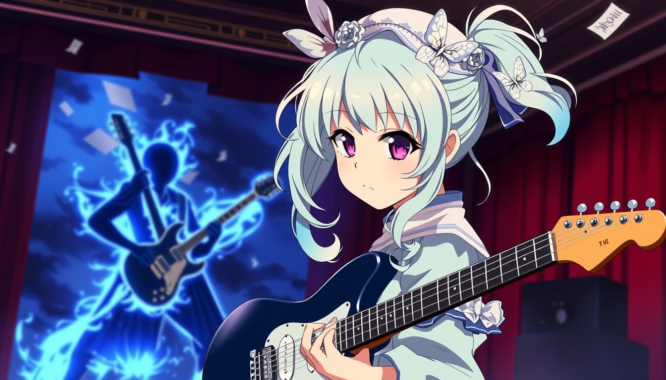 Main art studio: Create a dramatic Japanese anime episode thumbnail in 16:9 widescreen format, featuring a 14-year-old girl guitarist named Asahina Meguri. CHARACTER D