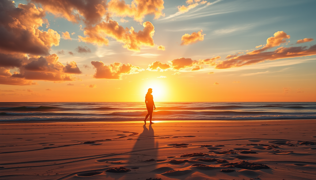 Main art studio: crie uma imagem em plano americano e no Ângulo Holandes , de uma pessoa na praia com um por do sol