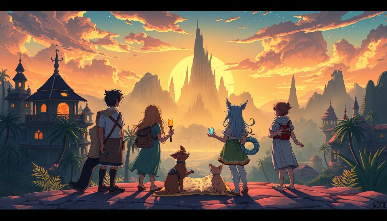 Main art studio: mesmerizing anime illustration that sunset city oasis, a group of diverse friends standing together facing fear of the unknown, thye use an ancient ma