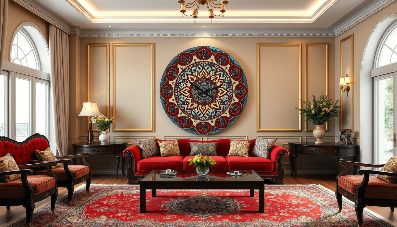 Main art studio: Photorealistic elegant Iranian living room with a beautiful handmade round epoxy resin wall clock inspired by traditional Persian carpet patterns. Ric