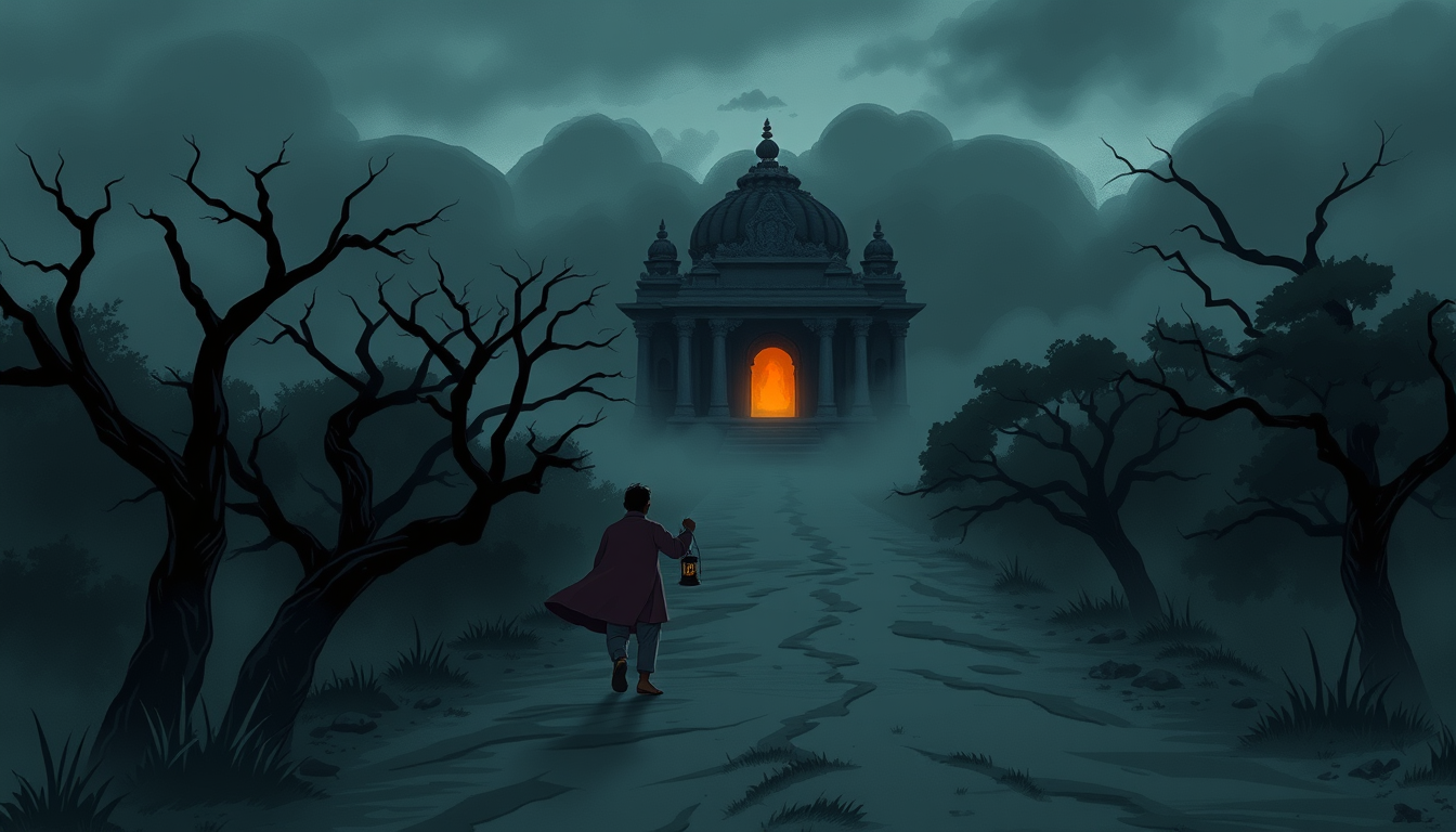 AI Art prompt example created from the prompt: Hand-drawn 2D Indian horror animation, a terrifying stormy night outside Aarav's ancestral home, Aarav's father walking alone toward a dista