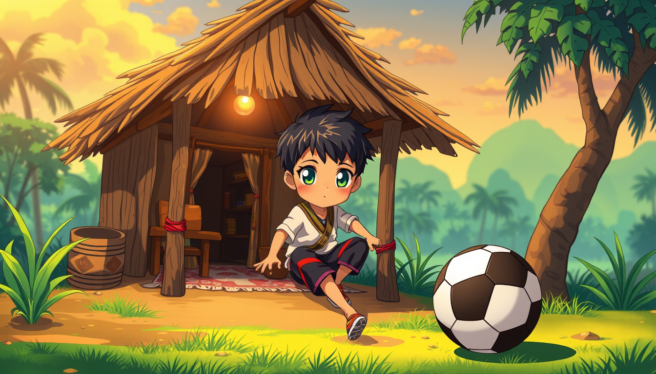 Anime idea: anime style, vibrant colors, expressive eyes, A boy staying in hut in indian village with good background. playing football in ground , detailed anime