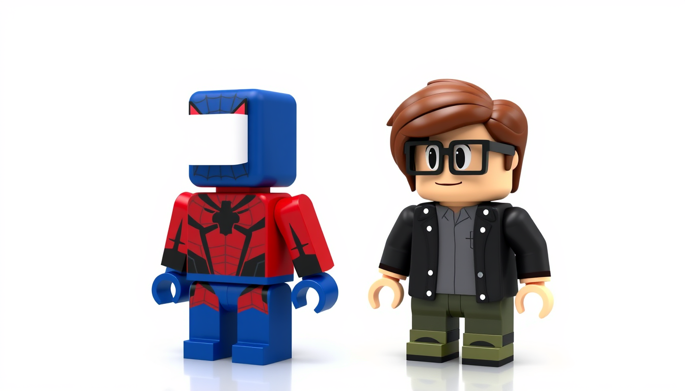 Main art studio: Create a classic 3D Roblox blocky avatar, with a cube-shaped head, rectangular torso, and square limbs. Split the character vertically 50/50. LEFT: re