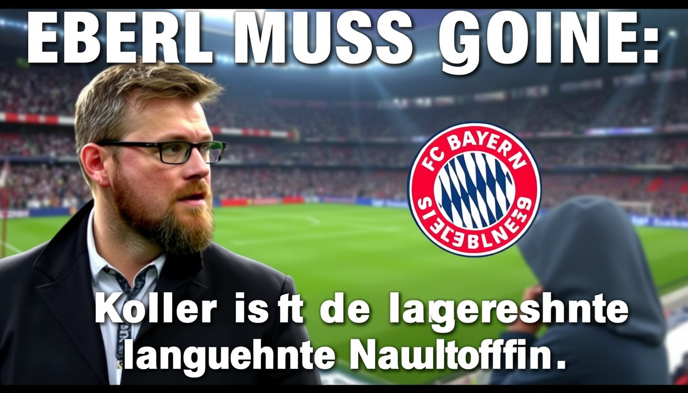Main art studio: Erstelle mir ein Bild auf dem Max Eberl zu sehen ist und ein zerbrochenes FC Bayern Logo. Darauf soll folgende Überschrift stehen „Eberl muss gehen, K