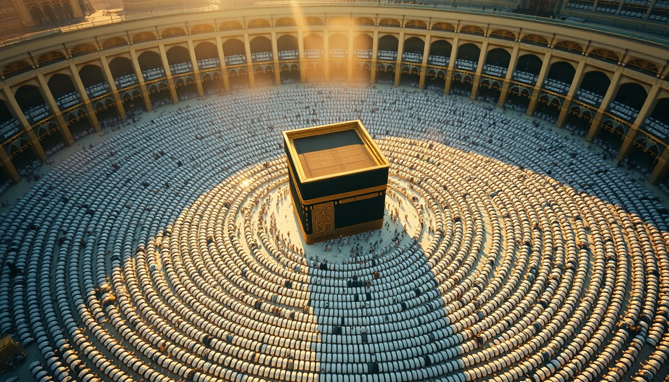 Main art studio: Cinematic wide shot, 8K ultra realistic, aerial view of Masjid al-Haram in Mecca at golden hour. The Kaaba at the center, draped in black kiswa with g